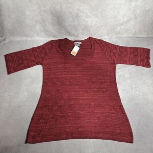 212 New York Womens 18/20W Red Textured Top Square Neck 3/4 Sleeve Acrylic